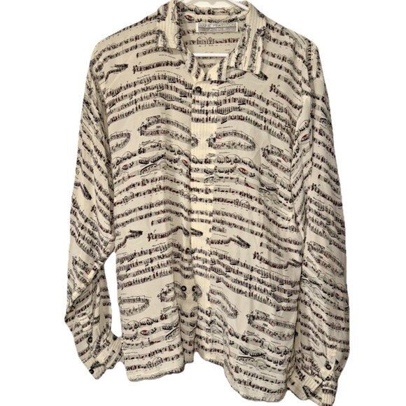 Anne Pinkerton Musical Notes Silk Blouse Cream Black Hint of Red Size Large - Picture 1 of 6